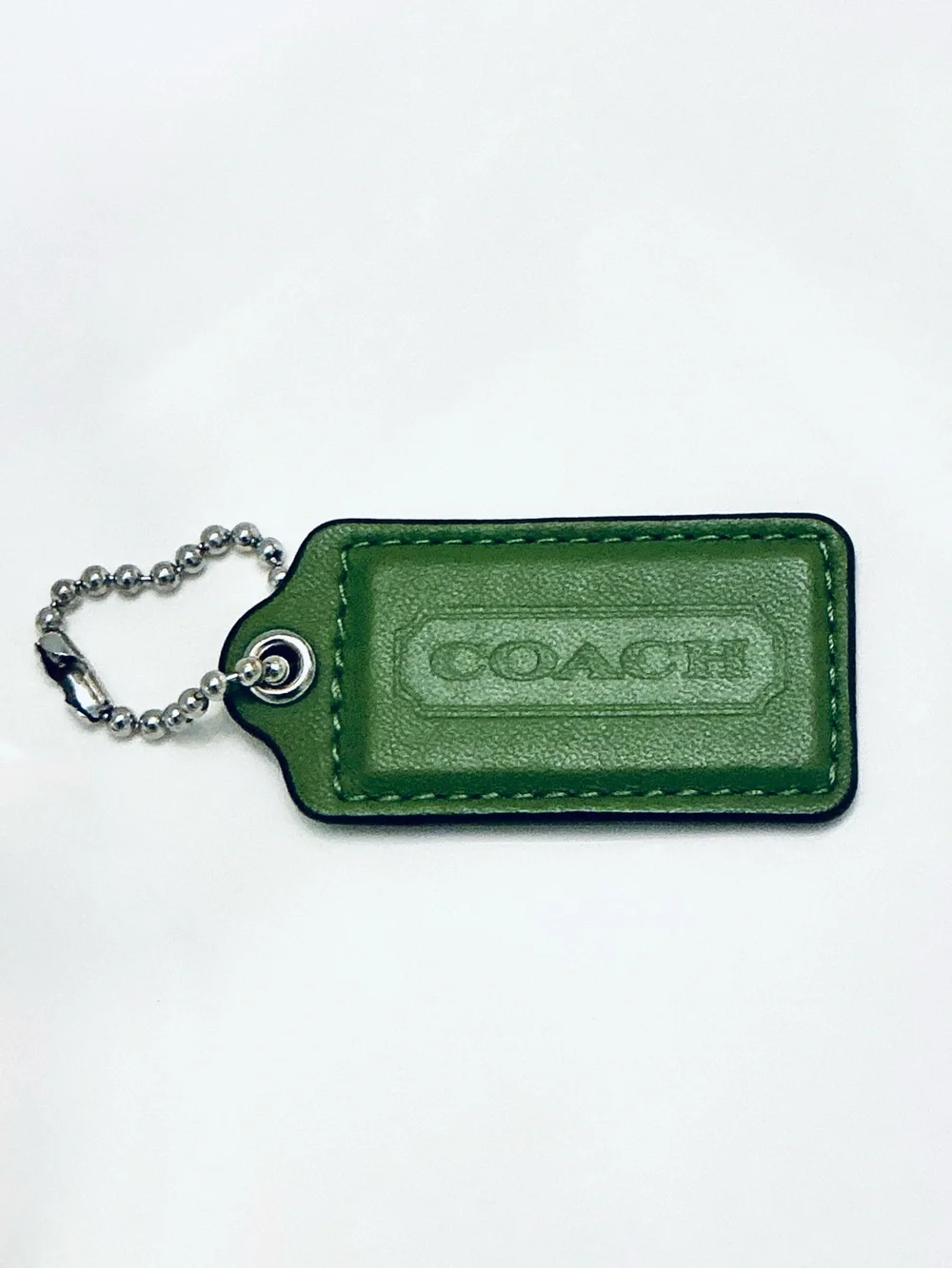 COACH, Green Leather Rectangular Key Tag with Silver Ball Chain